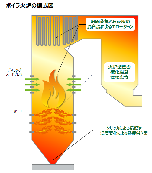 ボイラ火炉（オイルコークス焚きボイラ）の模式図